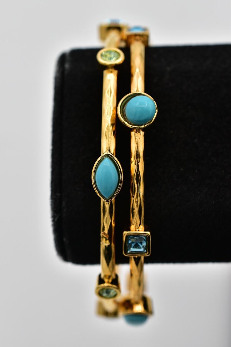 Vintage Gold Turquoise Cabochon Blue Crystal Double Bangle Bracelet Set Y2K BinD
